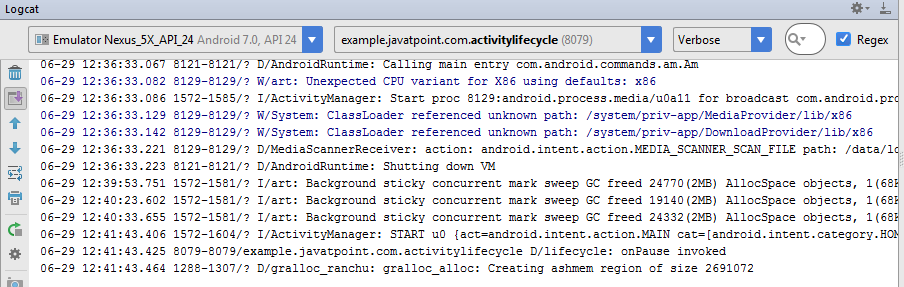 android activity life cycle example output 3