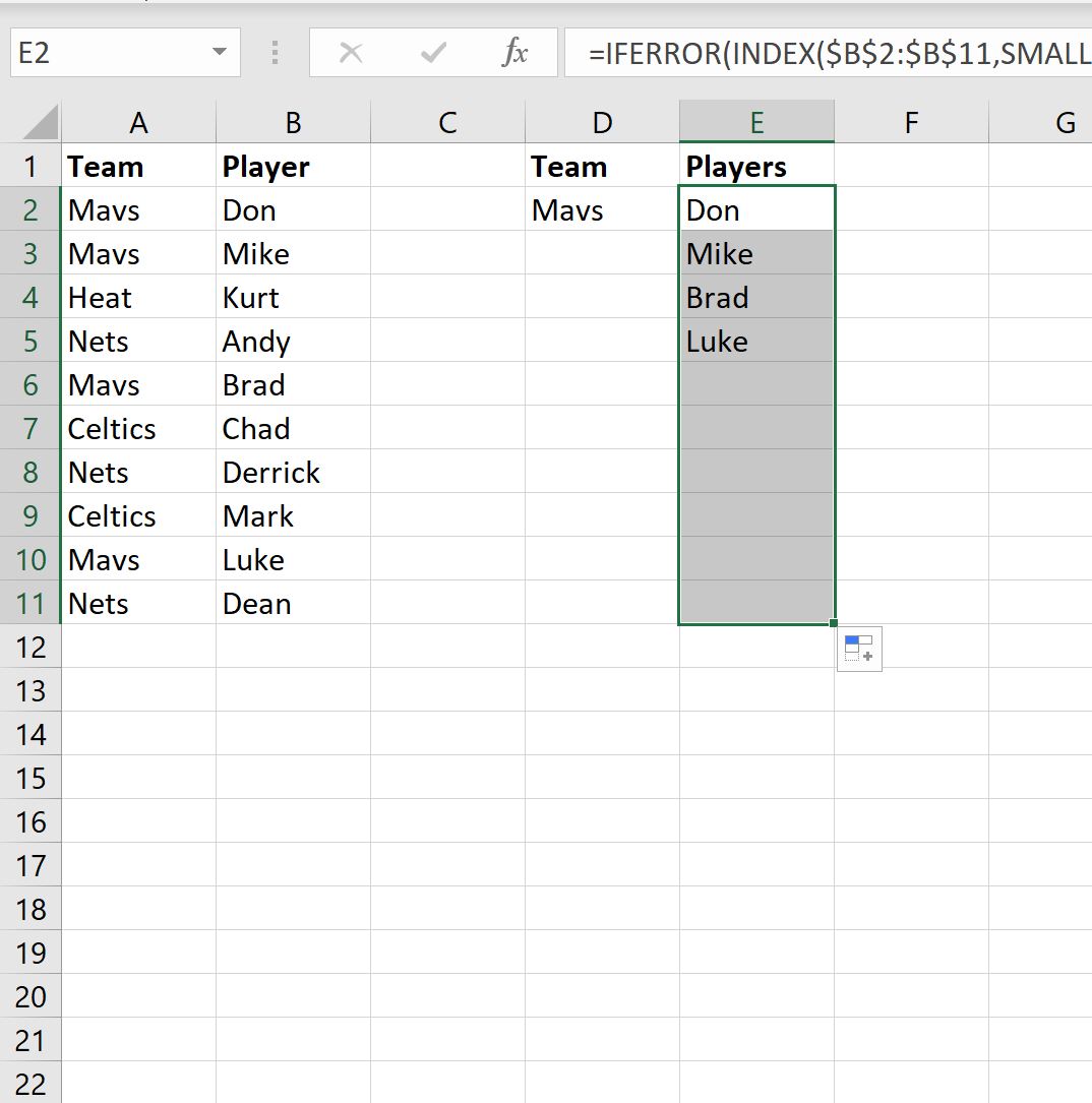 INDEX and MATCH return multiple values in Excel vertically