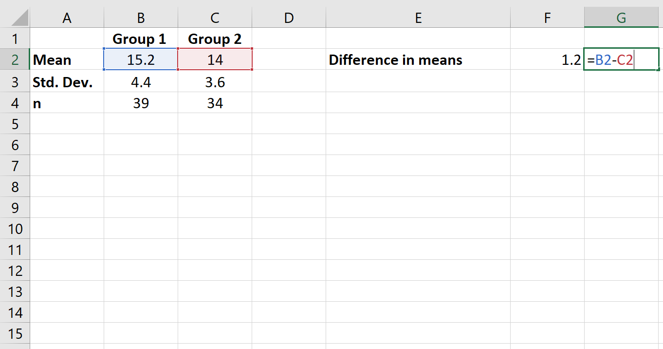 Difference in means calculation in Excel