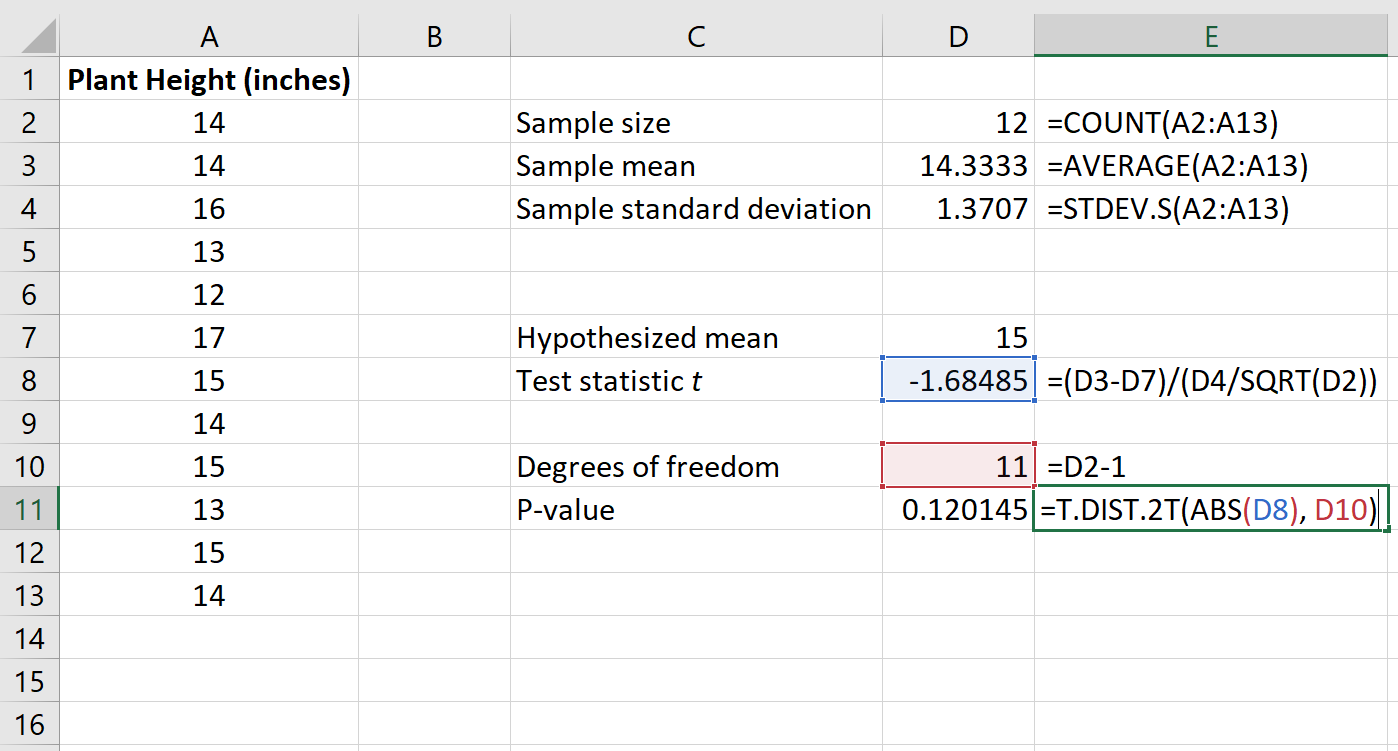 How to calculate the p-value for a test statistic in Excel