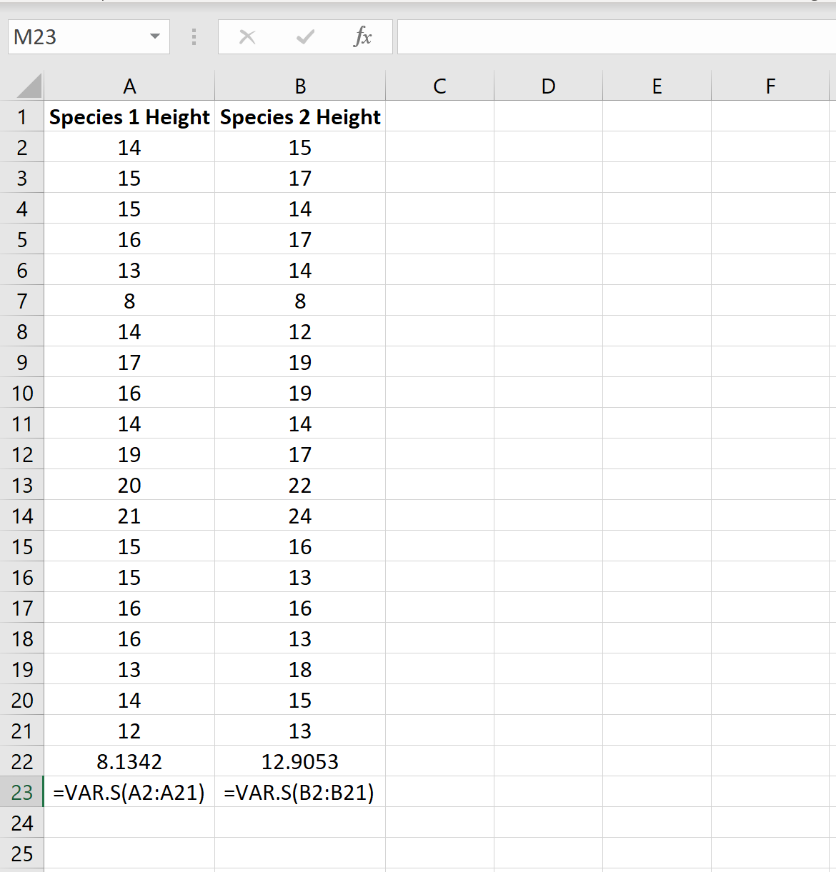 Example of finding sample variance in Excel