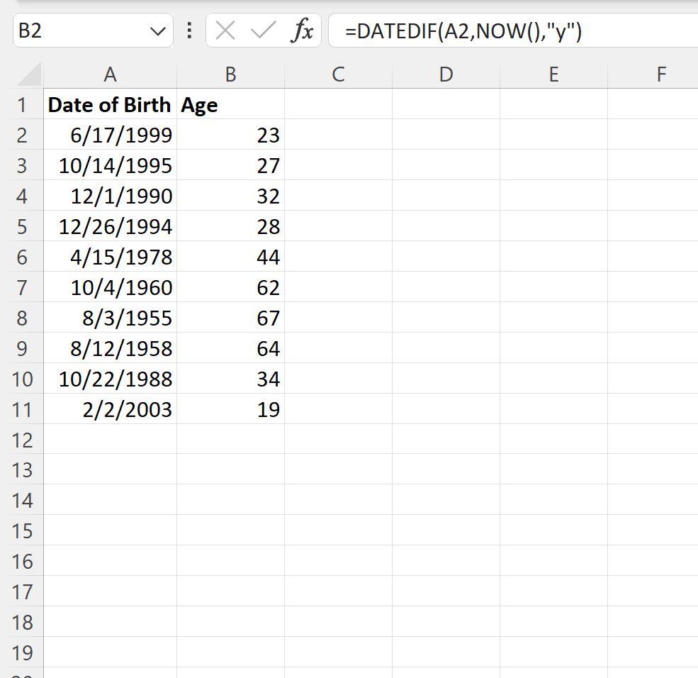 Excel convert date of birth to age