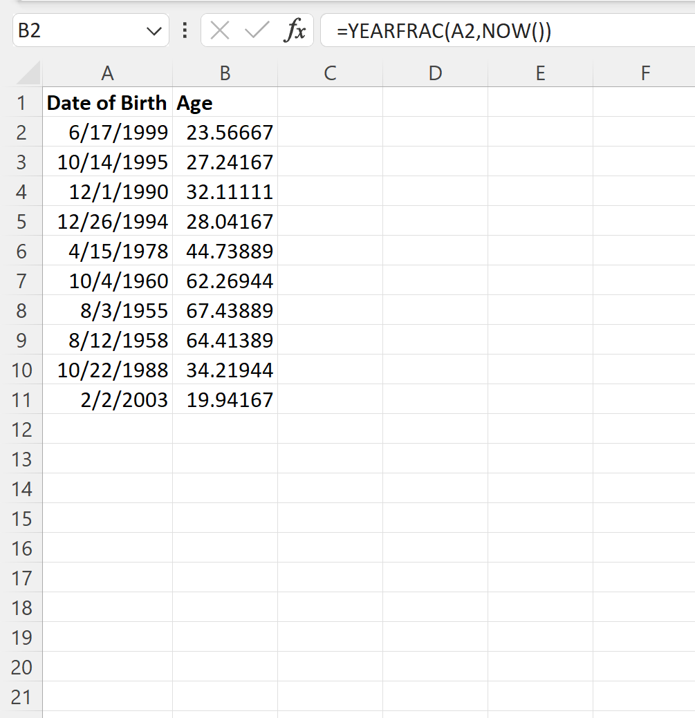 Excel convert date of birth to age in decimal years