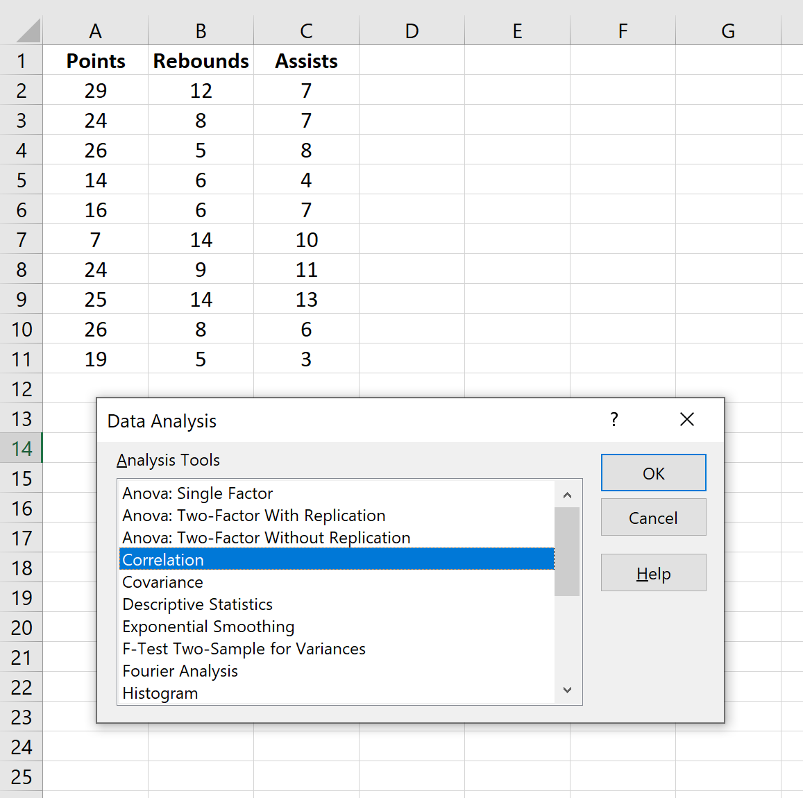Correlation matrix with data analysis toolpak in Excel