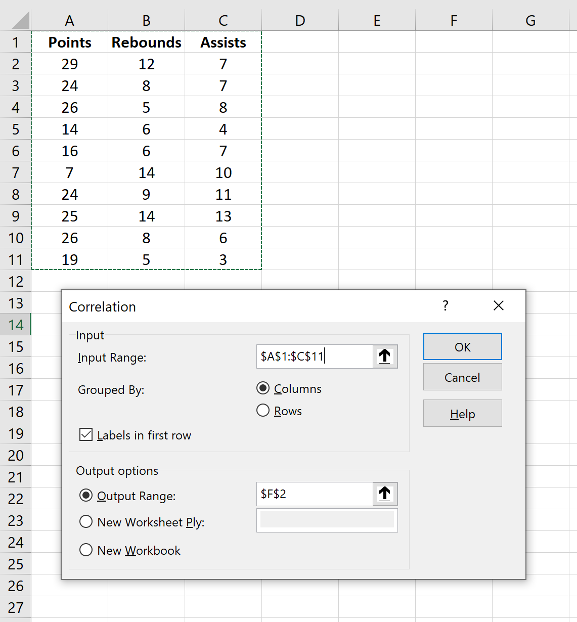 Correlation matrix in Excel