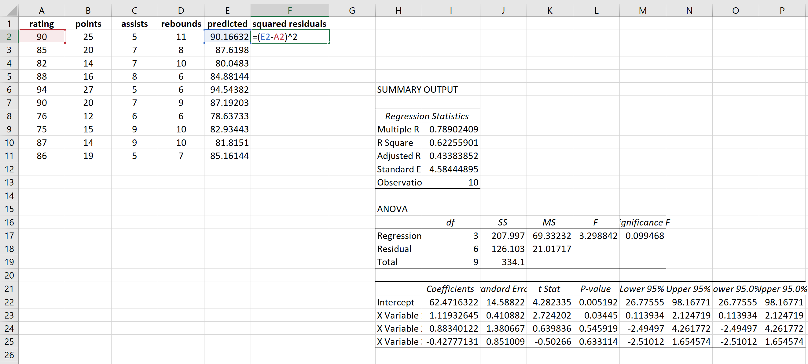 Calculating residuals in Excel