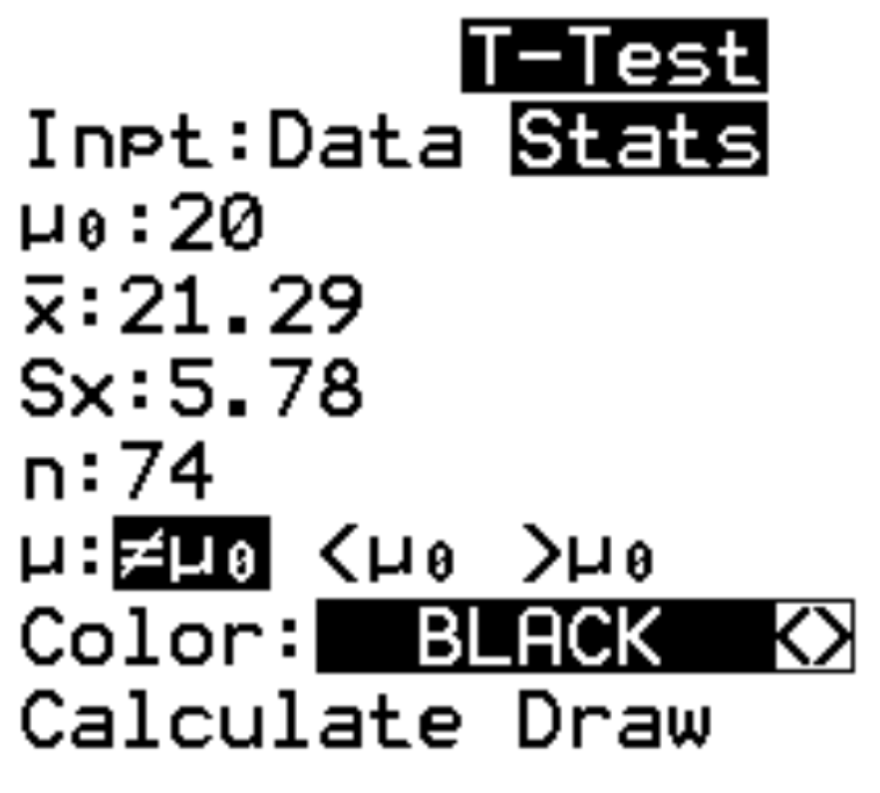 One sample t-test with stats in TI-84