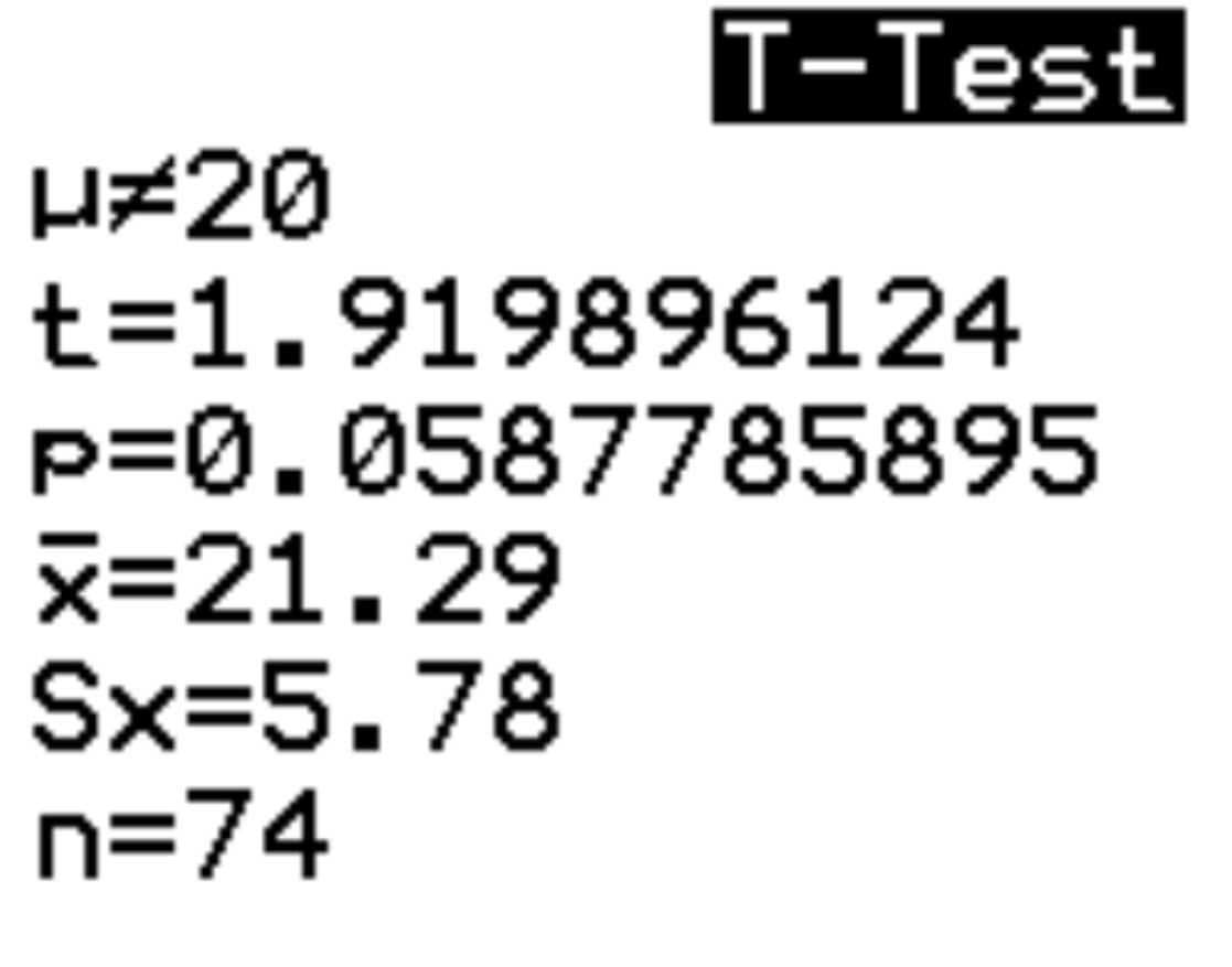 Output of one sample t-test on TI-84 calculator