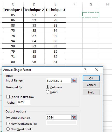 One way ANOVA in Excel